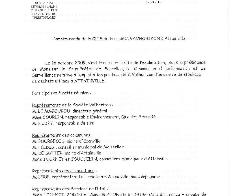 Rapport de la CLIS d&rsquo;Octobre 2009